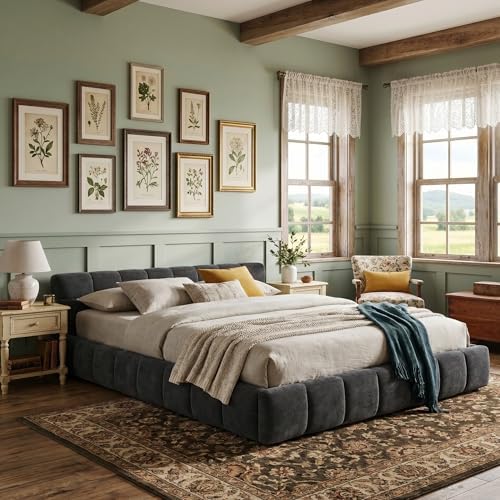 Upholstered Platform Bed Frame, Low Profile Chenille Bed with Headboard, Modern Solid Frame, No Box Spring Needed, Easy Assembly (Dark Grey, Queen (U.S. Standard))
