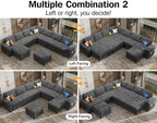 Vipbear 130" Modular Sectional Sleeper Sofa with Pull Out Bed, 9 Seat Chenille U Shaped Couch with Ottoman and Chaise|USB Ports|Cup Holders|Side Table, Tool Free Assembly, Grey