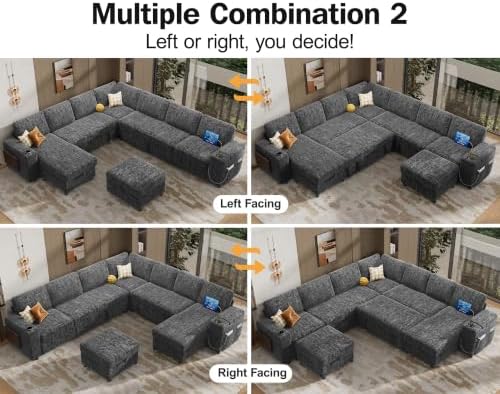 Vipbear 130" Modular Sectional Sleeper Sofa with Pull Out Bed, 9 Seat Chenille U Shaped Couch with Ottoman and Chaise|USB Ports|Cup Holders|Side Table, Tool Free Assembly, Grey