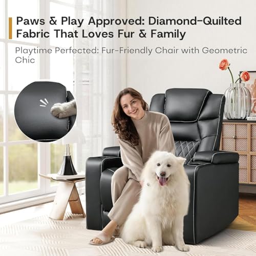 ANJ Power Home Theater Recliner Chair Set of 2, Electric Movie Theater Seating Reclining Chairs with Cup Holders for Living Room, Faux Leather with Blue LED, USB Ports, Hidden Arm Storage (Black)