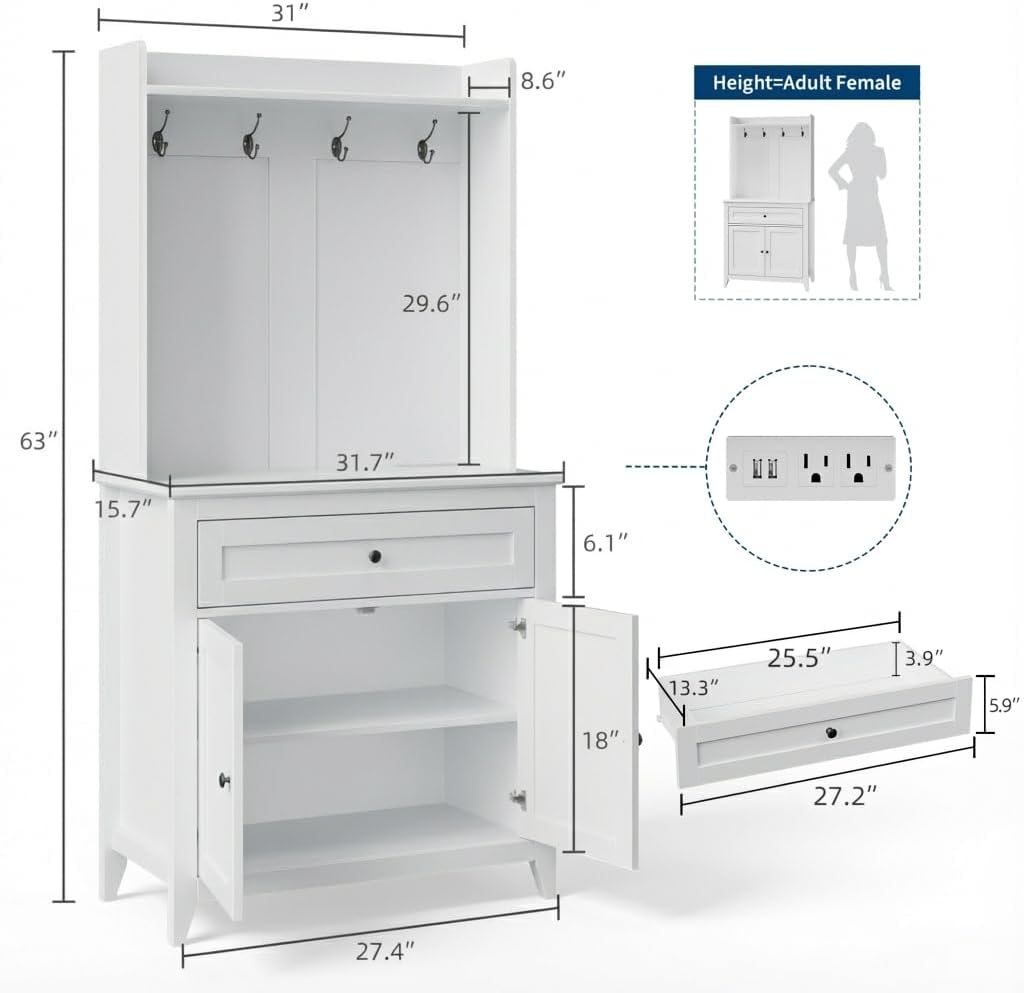 Garvee Pantry Cabinet with 4 Hooks, Kitchen Pantry Cabinet, Coffee Bar Table with Drawer & Adjustable Shelves, White