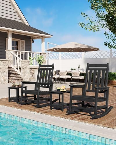 HDPE Rocking Chair Outdoor Set of 2 with Side Table, High Back Rocker | All Weather Resistant & Wood Textured Furniture for Patio Front Porch - Black
