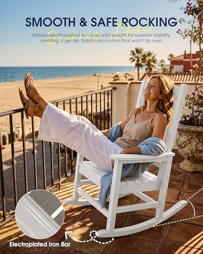 KINGYES Oversized Outdoor Rocking Chairs Set of 2, HDPE Porch Rocker, White | - Rocking Chairs for Outdoor with Wide Seat - 350LBS Support for Adults