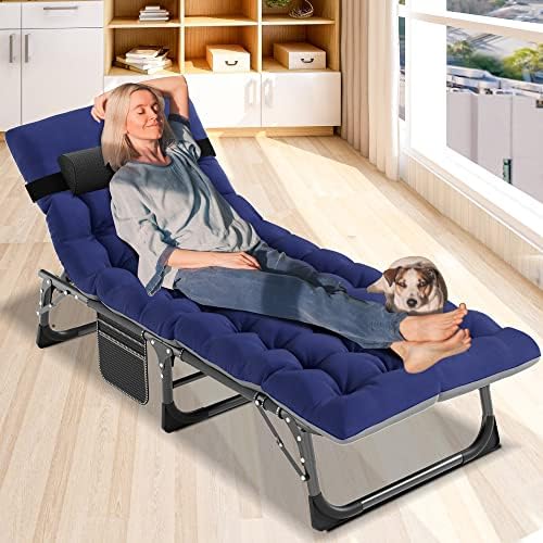 DoCred Chaise Lounge Chair, 5-Position Folding Outdoor Lounge Chair | Heavy Duty Sturdy Steel Frame Chaise Lounge w/ Removable Cushion & Pillow, Folds Flat for Storage, for Beach, Pool & Patio