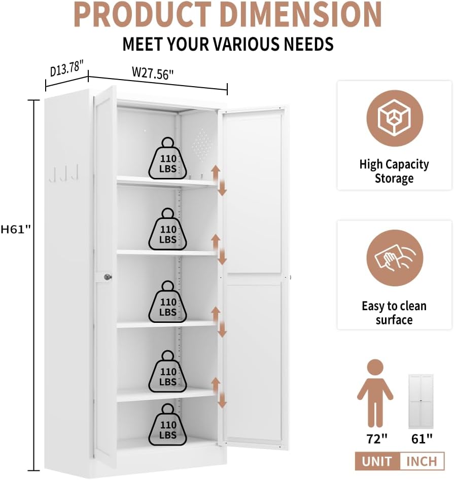 61-Inch White Metal Kitchen Pantry Cabinet with 4 Adjustable Heavy-Duty Shelves (110lb Capacity), Freestanding Storage Organizer for Pantry, Kitchen, Living Room