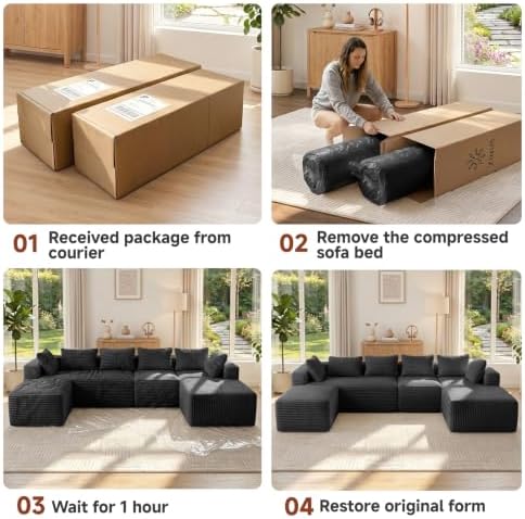 Couch ≈139" U-Shaped Sofa, Modular Sofa in Living Room Comfy Corduroy Fluffy Couch with Deep Seat and Side Pockets, Flexible Module Combination for Living Room (Black, 139IN)