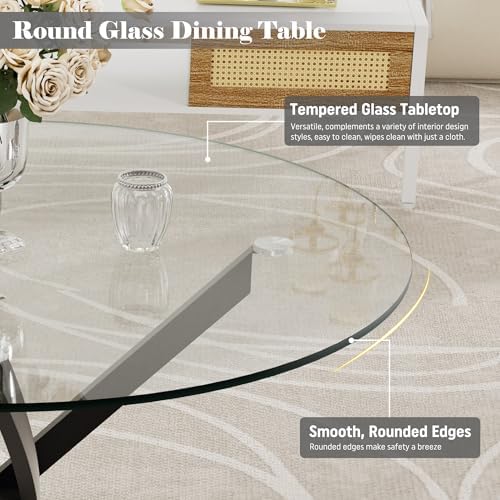 Dining Table Set for 4, 47" Round Kitchen Table with 4 Leather Dining Chairs, Tempered Glass Top with Metal Legs(All Black)