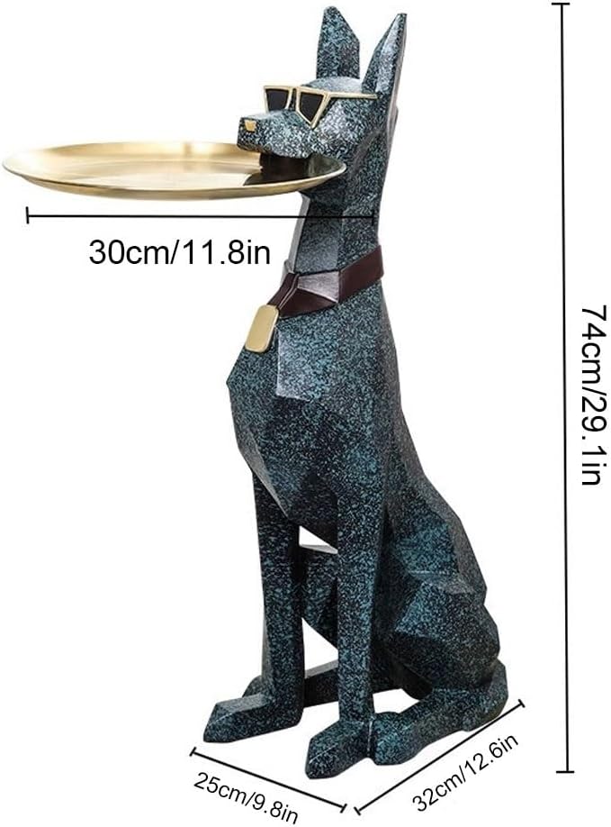 Modern Resin Doberman Sculpture Side Table with Metal Serving Tray, Corner Table with Storage, Decorative Dog End Table for Living Room, Office, Home Decor(Black)
