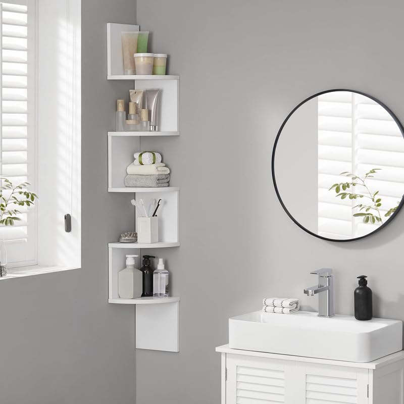 VASAGLE Corner Shelf Wall Mount, 5-Tier Floating Corner Bookshelf, Plant Shelf for Bedroom, Living Room, Bathroom, Home Office, Cloud White