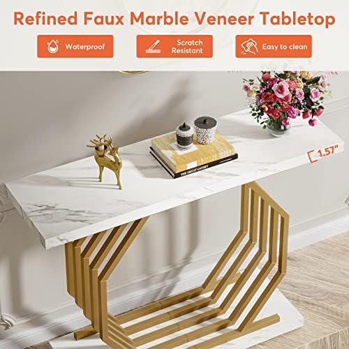 Tribesigns Gold Console Table, Faux Marble Entryway Table Narrow Sofa with Geometric Metal Base, 40 Inch Modern Accent Entrance for Living Room, Hallway, Foyer, White and Gold