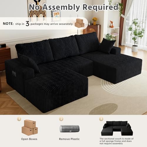 108" U-Shape Modular Sectional Cloud Couch with Ottoman, Deep Seat Couch with Oversized Chaise Lounge, Comfy Flannel Fabric Sofa for Living Room Bedroom Apartment Game Room Basement