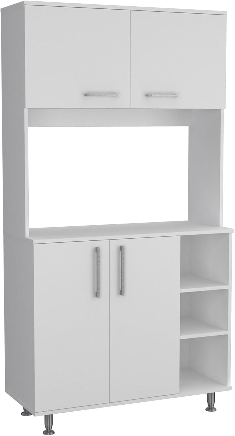 Kitchen Pantry Double Door Cabinet, Four Legs, Three Shelves, White