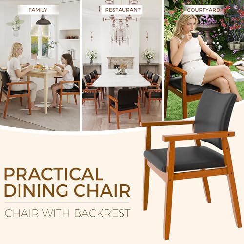 Dining Chairs with Arms Set of 4, Wood Frame Faux Leather Kitchen Chairs, Comfortable Upholstered Accent Chairs for Kitchen, Dining Room,and Living Room(Black)
