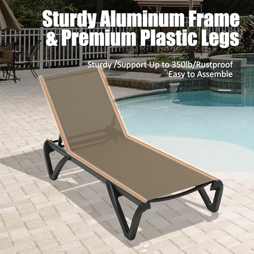 Domi Pool Lounge Chairs Set of 2, Aluminum Patio Chaise Lounge with Wheels, 5 Position Adjustable, All Weather Outdoor Lounge Chairs for Beach, Yard, Balcony, Poolside, Khaki