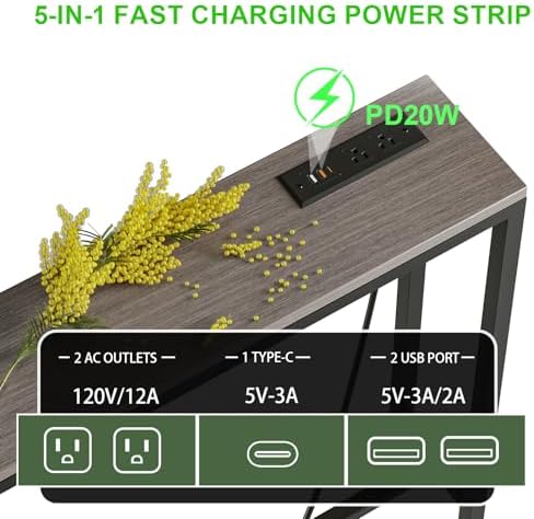 102.4" Behind Couch Table with 2 Fast Charging Stations, 7.1" Narrow Skinny Sofa Table with 4 Power Outlets, 4 USB-A, 2 USB-C for Console Entryway, Black Oak