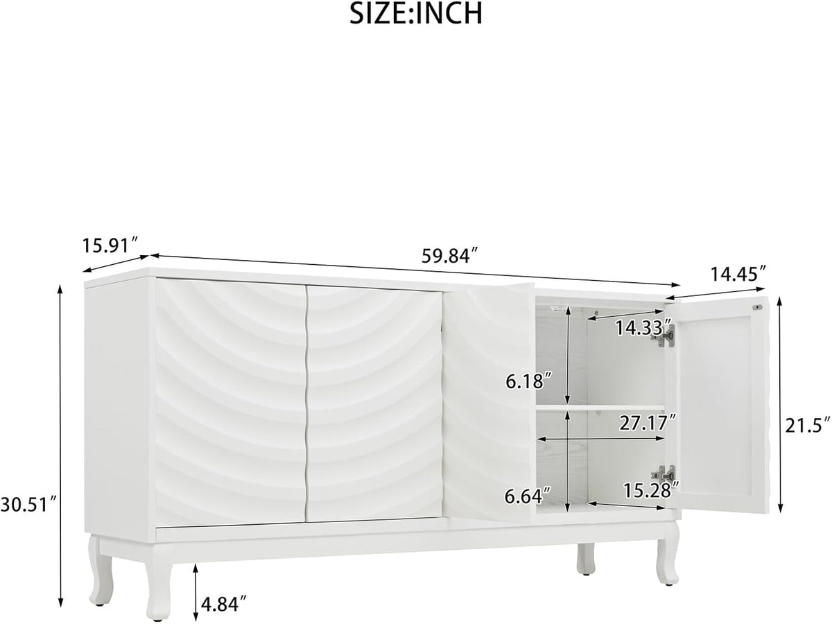 LKTART 59.84" Sideboard Buffet Storage Cabinet for Dining Room, Wavy Pattern Fluted Console Table Pressed Spring 4 Doors Cabinet Sideboard for Living Room Kitchen Hallway Entryway (White)