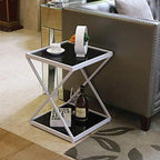 Telephone Table, 2 Tier Tempered Glass Sofa Side Table Living Room Iron Art Corner Table Snack Table Bedroom Nightstand Storage Shelf，18.8''x14.2''x20.4''(Color:White)
