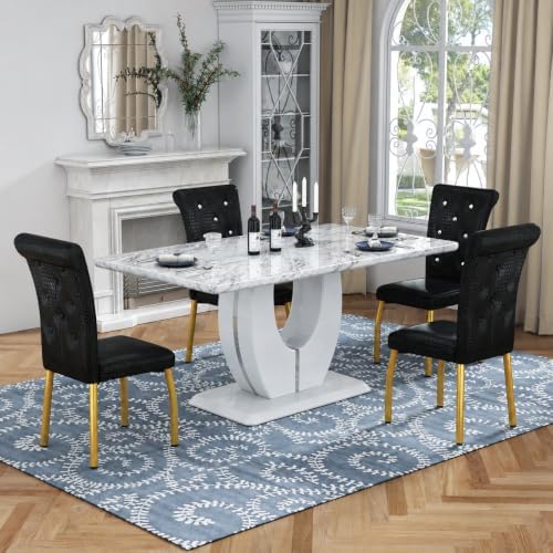 5 Piece Faux Marble Dining Table Set for 4, 63" Rectangular Kitchen Table and Chairs Set with 4 Tufted PU Leather High Back Chairs, Modern Dining Room Table Set with U-Shaped Pedestal Base, White Gold