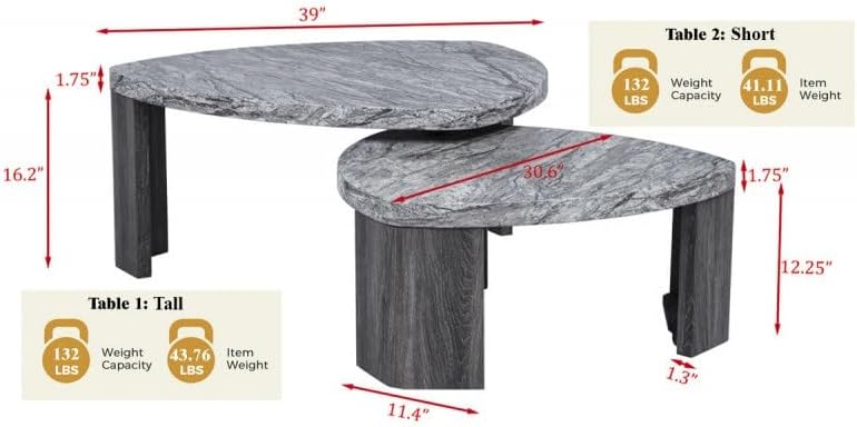 39" Durable Marble Laminate Nesting Coffee Table, Boo Coffee Table with Nested Structure, Nesting Side Tables with MDF Build for Modern Living Spaces, Gray