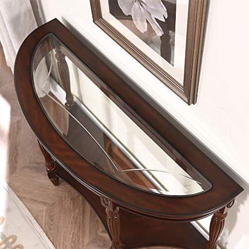 PADMA HOUSE 2-Tier Traditional Wood Semi-Circle Sofa Table with Glass Top | Cherry Walnut 45.3"W*17.7"D*30.9"H, Half-moon Console Table with Shelf for Living Room, Glass Entry Table for Homeoffice