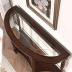 PADMA HOUSE 2-Tier Traditional Wood Semi-Circle Sofa Table with Glass Top | Cherry Walnut 45.3"W*17.7"D*30.9"H, Half-moon Console Table with Shelf for Living Room, Glass Entry Table for Homeoffice