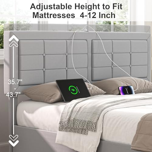 VECELO Queen Size Bed Frame with 4 Storage Drawers & Adjustable Headboard, Built-in Charging Station, Upholstered Bedframe with Wood Slats Support, Light Gray