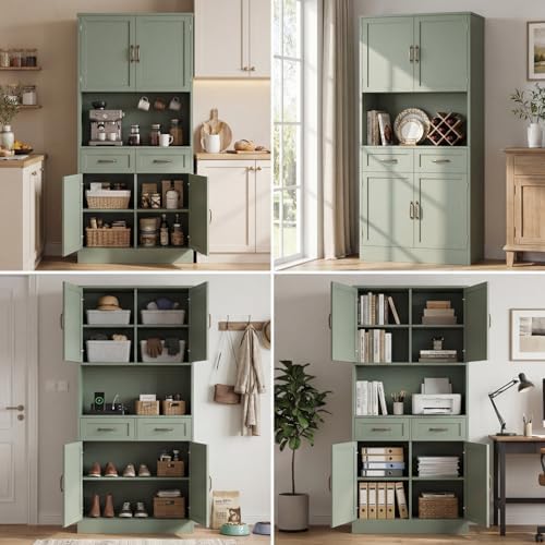 HOSTACK 71" Tall Kitchen Pantry Storage Cabinet, Wood Kitchen Hutch, Green | Modern Pantry Cabinet with Microwave Stand, Hutch Cabinet with Countertop & Drawers, Storage Cabinet for Living Room