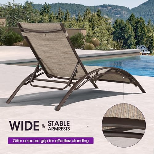 PURPLE LEAF Oversized Pool Chaise Lounge with Table Bronze Aluminum, Khaki | 2 Chaise + 1 Table, UV Textilene Fades Less, S-Curve Backrest with Arm, 5 Recline Angles, Adjustable Headrest, Stackable