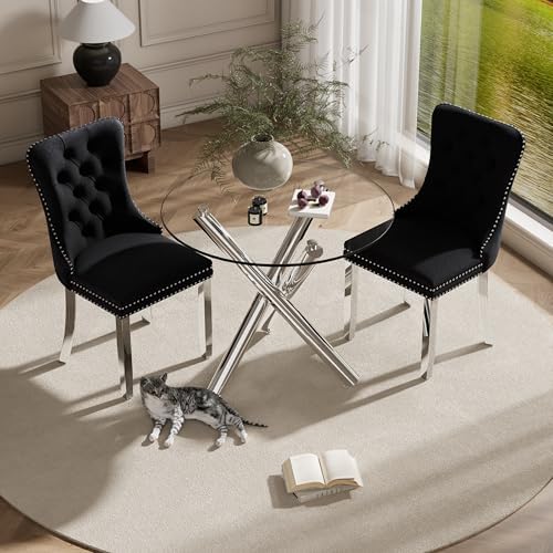 Modern Silver Round Glass Dining Table Set for 2, 36'' Luxury Minimalist Circle Dinette Room Set, 3 PCS Clear Circular Glass Top Kitchen Set, Black High-end Tufted Chairs, for Small Place