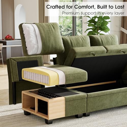 Sectional Sleeper Sofa with Pull Out Bed, 86" L Shaped 5 Seat Couch with 151L Storage, Convertible Cloud Couch Bed, Modular Sectional Couches for Living Room, Apartment (Green)