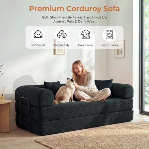 79" Convertible Futon Sofa Bed, Couch for Living Room | Corduroy Loveseat Sleeper Sofa, Modular Futon Couch with Fixed-Shape Frame, Pull Out Couch No Assembly | Black