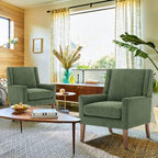 COLAMY Modern Wingback Living Room Chair, Upholstered Fabric Accent Armchair, Single Sofa Chair with Lounge Seat and Wood Legs for Bedroom/Office/Reading Spaces, Green