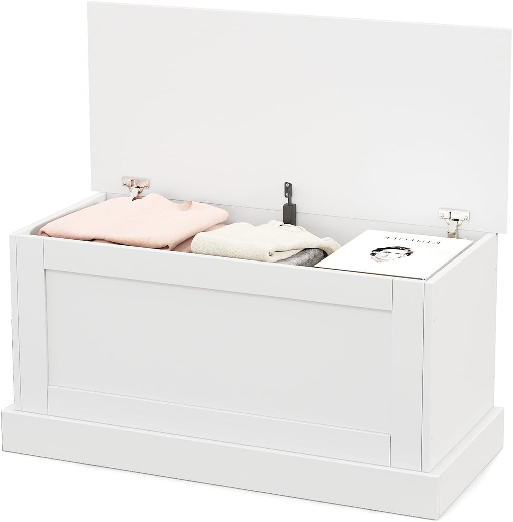 LOKO 35.5-inch Wooden Storage Bench, Lift Top Storage Box (White) | Large Storage Chest | Farmhouse Storage Trunk | Metal Hinges | Safety Hydraulic Strut | For Living Room, Bedroom, Entryway
