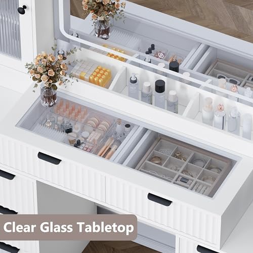 Fluted Makeup Vanity Desk with Mirror and Lights, 55" Glass Top Vanity with 8 Drawers & 4 RGB Glass Cabinets, Adjustable Shelves & Power Outlet, Modern Dressing Table Set for Women Girls Bedroom
