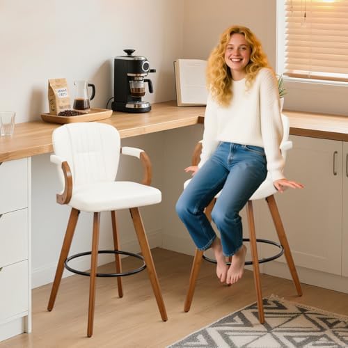 26" Swivel Counter Height Bar Stools with Back White Faux Leather Kitchen Island Bar Chairs with Arms,Spliced Pleated Wingback Barstools for Bar/Kitchen/Dining Room,Set of 2