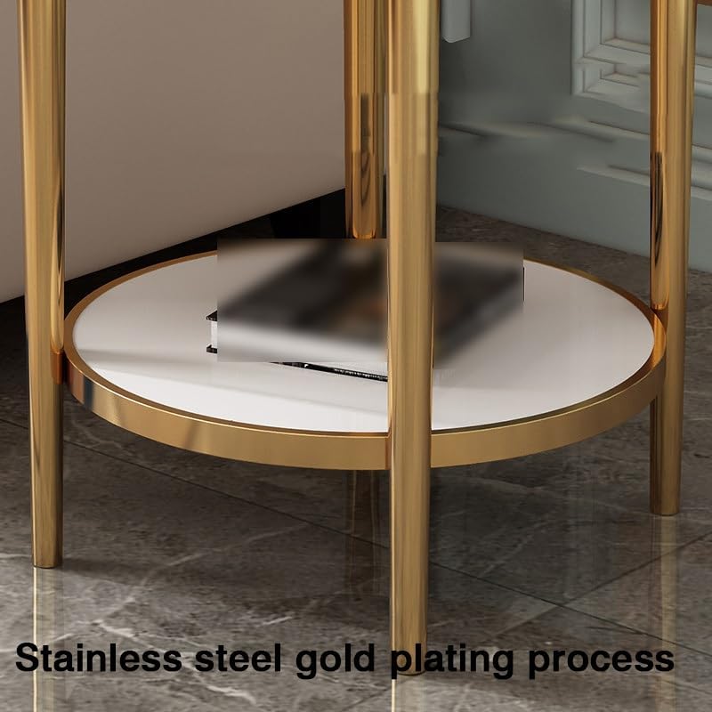 Bedside/Sofa Side Table: Stainless Steel & Marble Two-Tier Small Round Table – Suitable for Living Room Sofas and Corners