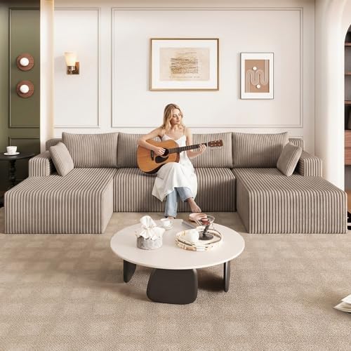 124" U-Shape Cloud Couch, Modern Modular Sectional U-Shape Sofa, Corduroy Couch Upholstered Couches Deep Seat Sleeper Chaise Longue for Living Room, No Assembly Required,Camel