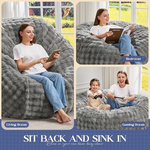 Hobestluk Adults Bean Bag Chair 5FT Big BeanBag Chair Giant Large Oversized | Memory Foam,Washable Cover,Unique Fluffy Bubble,Comfy Big BeanBag with Filling Lounging Gaming Bedroom Living Room | Grey 5FT