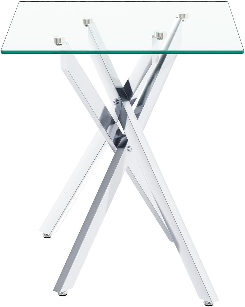 Modern Square End Table with Glass Top, Glass End Side Table for Living Room Office, 17.72 x 17.72 x 20.87 inches, Silver Metal X-Base, Adjustable Feet (1, Silver)