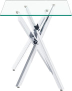 Modern Square End Table with Glass Top, Glass End Side Table for Living Room Office, 17.72 x 17.72 x 20.87 inches, Silver Metal X-Base, Adjustable Feet (1, Silver)