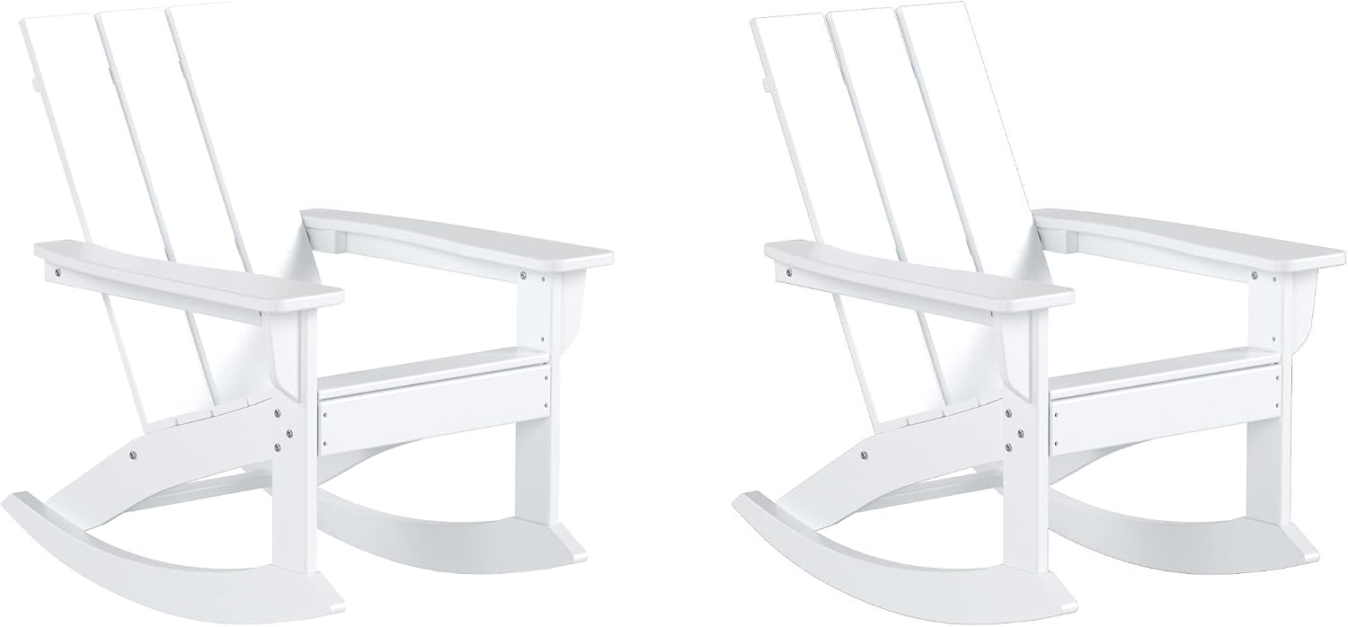 WestinTrends Ashore Patio Rocking Chairs Set of 2, All Weather Poly Lumber Plank Adirondack Rocker Chair, Modern Farmhouse White Rocking Chairs for Porch Garden Backyard and Indoor