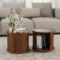 Round Coffee Table Set of 2, Nesting Side Table with Sliding Door Storage | Rotatable Round Coffee Table, Fluted Wood Drum End Table with Storage Compartment, Versatile Side Cabinet for Home Decor