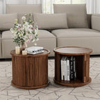 Round Coffee Table Set of 2, Nesting Side Table with Sliding Door Storage | Rotatable Round Coffee Table, Fluted Wood Drum End Table with Storage Compartment, Versatile Side Cabinet for Home Decor