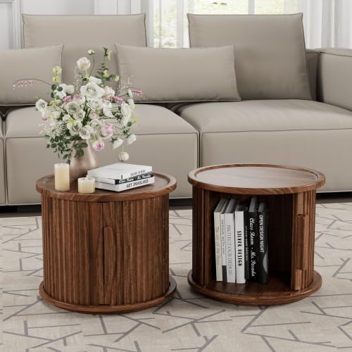 Round Coffee Table Set of 2, Nesting Side Table with Sliding Door Storage | Rotatable Round Coffee Table, Fluted Wood Drum End Table with Storage Compartment, Versatile Side Cabinet for Home Decor