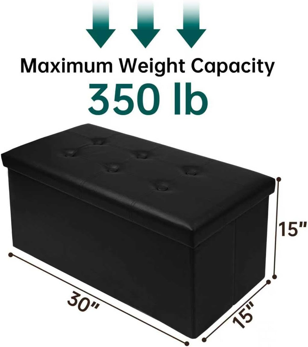 30 Inches Folding Storage Ottoman Bench, Faux Leather Footstool Ottoman, Storage Trunk Footrest for Bedroom, Living Room and Hallway, Support 350lbs, Black（Black line）