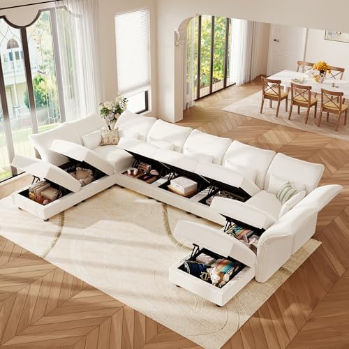 LLappuil 9 Seat Sectional Couch with Storage, Large U Shaped Corduroy Modular Sectional Sofa for Living Room with Adjustable Arms Backs, Plush Supportive Cushions (Beige)