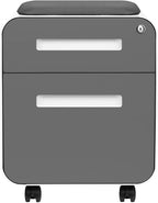 Laura Davidson Furniture STOCKPILE Mini Seated 2 Drawer Mobile File Cabinet with Removable Magnetic Cushion Seat - Short Version, Metal Filing Cabinet, Pre-Assembled, Dark Grey Face with Grey Cushion