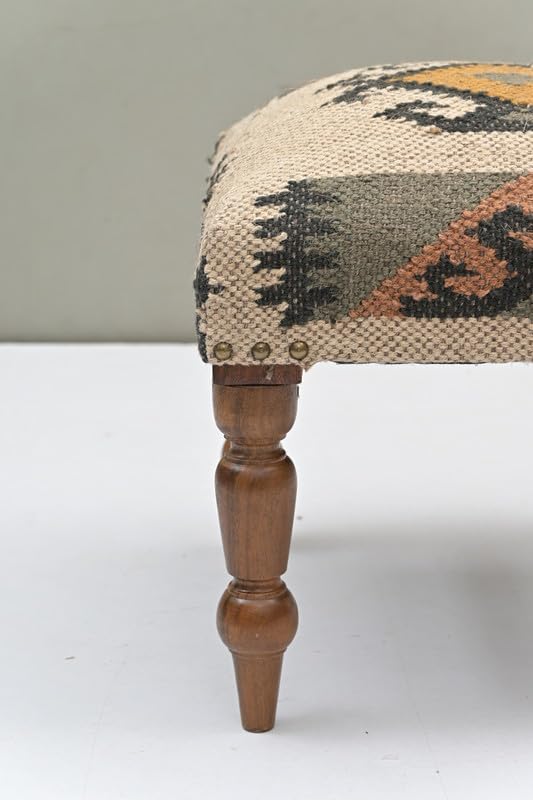 Handmade Jute Upholstered Ottoman Stool | Square Foot Rest with Wooden Legs | Decorative Accent Seating for Bedroom, Living Room, Entryway, Vanity & Hallway (Yellow-Beige)