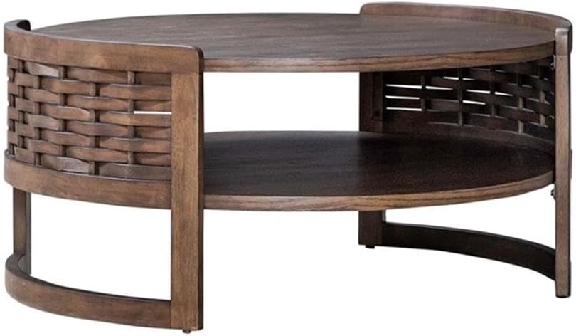 Pemberly Row 3 Piece Round Cocktail and End Table Set, Brown Oak Finish, Rubberwood and Oak Veneer, Basketweave Design, Compact Living Room Furniture Set, Includes Round Coffee Table and 2 End Tables