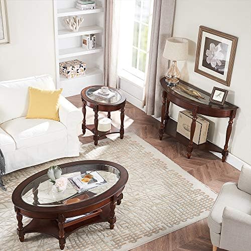 PADMA HOUSE 2-Tier Traditional Wood Semi-Circle Sofa Table with Glass Top | Cherry Walnut 45.3"W*17.7"D*30.9"H, Half-moon Console Table with Shelf for Living Room, Glass Entry Table for Homeoffice